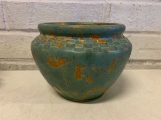 Antique Burley Winter Arts Crafts Green Glazed Pottery Vase Checkered Design Top