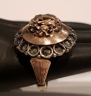 Antique 1800s Victorian Rose Marcasite Ring 10k Rose Gold Sterling Ring Size 7