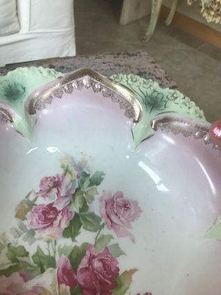 Gorgeous Antique RS Prussia Red Mark Bowl Pink Roses Point & Clover Mold 6
