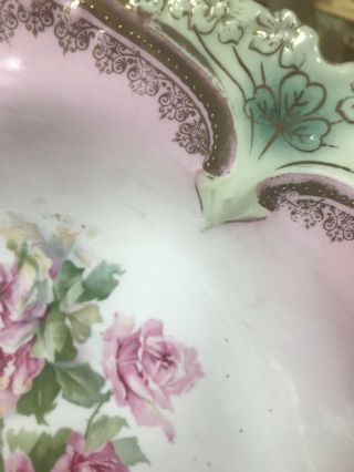 Gorgeous Antique RS Prussia Red Mark Bowl Pink Roses Point & Clover Mold 8