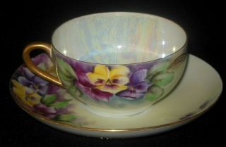 Antique Hand Painted Tea Cup Saucer Yellow Mauve Purple Pansy Flowers 1920