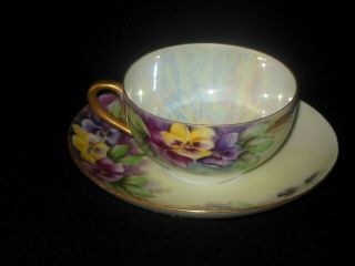 ANTIQUE HAND PAINTED TEA CUP SAUCER YELLOW MAUVE PURPLE PANSY FLOWERS 1920 2