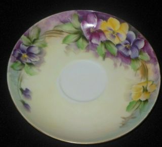 ANTIQUE HAND PAINTED TEA CUP SAUCER YELLOW MAUVE PURPLE PANSY FLOWERS 1920 3