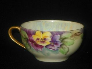 ANTIQUE HAND PAINTED TEA CUP SAUCER YELLOW MAUVE PURPLE PANSY FLOWERS 1920 4