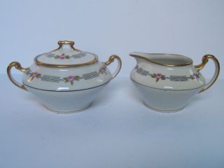 Antique Limoges Porcelain Pink Rose Sugar Bowl Creamer Set Gold Trim