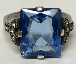 Antique Vintage Art Deco Signed Uncas Sterling Marcasite Blue Glass 925 Ring