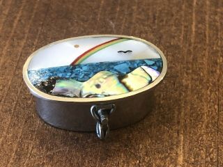 Rare & Vintage Alpaca Mexico Silver Pill Or Trinket Box W/inlaid Abalone Stones
