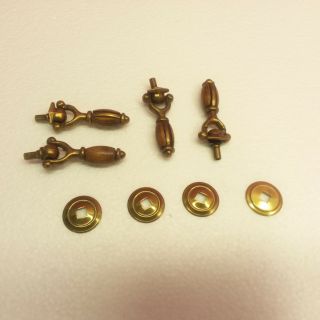 Vintage Set Of 4 Brass & Wood Dresser Drawer Pull Knobs With Bezels (k - 8)