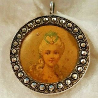 Antique Victorian Hand - Painted Portrait Pendant In Silver Frame