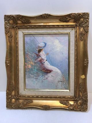 Vintage Framed Oil Painting By Artist “foxson” Lady On A Swing