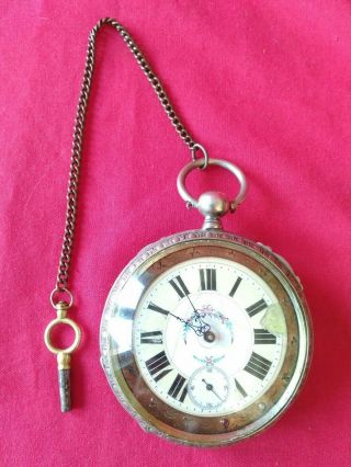 Large Heavy Vintage Or Antique Ornate Decorated Pocket Watch & Key Order