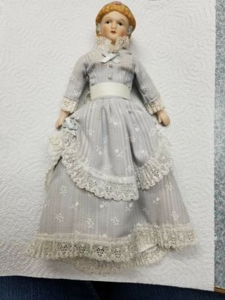 Vintage 8 " Victorian Porcelain Doll Blue Dress With Lace,  Blonde Hair