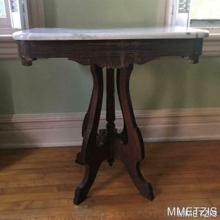 Antique Victorian Eastlake Walnut Marble Top Parlor Table Side Table