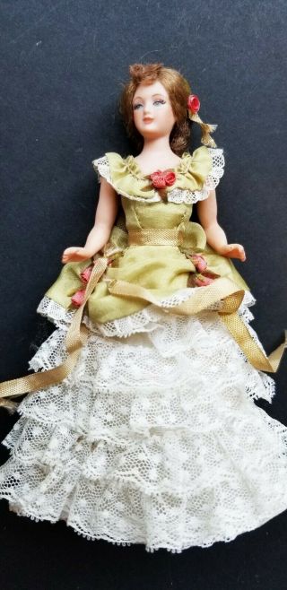 Vintage Artisan Porcelain Lady Doll In Green Dress With Lace