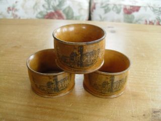 3 X Antique Mauchline Ware Napkin Rings - The Clock Tower & Haymarket Leicester