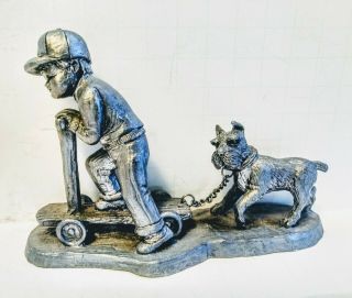 Pewter Figurine Boy On Scooter With Dog Michael Ricker Signed Numbered