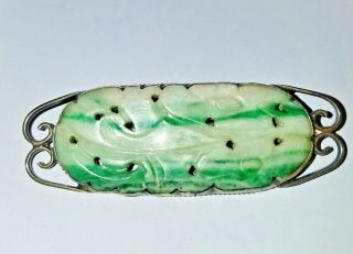 Antique Chinese Carved Jade & Sterling Brooch Pin