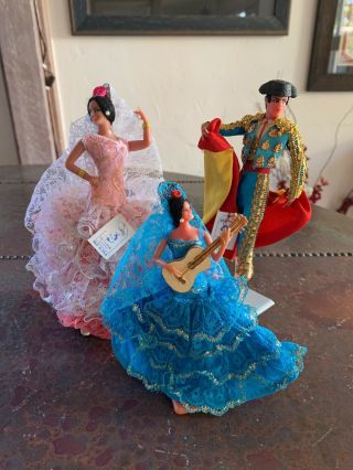 3 Vintage Marin Chiclana Dolls - Made In Spain - 2 Fiesta Women & 1 Matador