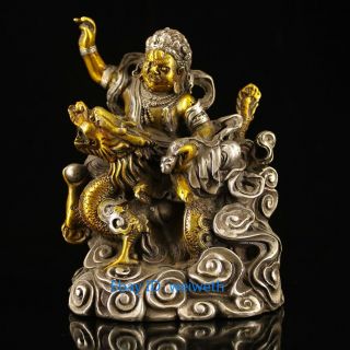 Chinese Tibetan Silver Handwork Riding Dragon God Of Wealth Buddha Statue