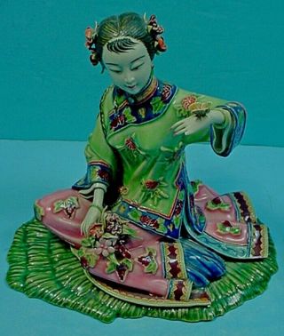 Chinese Shiwan Artistic Pottery Elegant High Class Lady & Butterfly Figurine