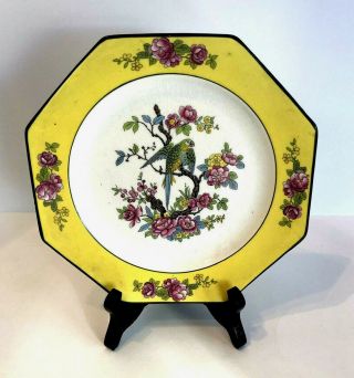 Crown Ducal Ware England Plate Yellow 6 Side Rim Bird Parrot W/ Peonies Antique
