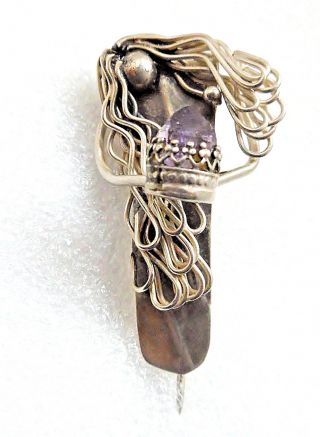 Antique Sterling Silver Woman Holding Amethyst Stone Brooch Pin,  Vintage