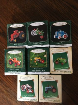 8 Hallmark Ornament Miniature Antique Tractors 1997 - 2001 2003 - 05.  Cond