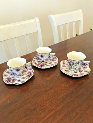 3 Porcelain Butterfly Handle Tea Cup Saucer Set Purple Violets Gold Trim Demi