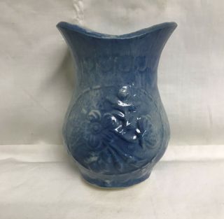 Antique Early Hull Blue White Salt Glaze Stoneware Wild Rose 5 " Vase Fish Scale