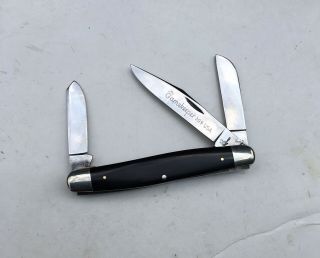Vintage Queen Cutlery Co.  Stock Knife Gamekeeper 309 Usa Etch Black Linen Grips