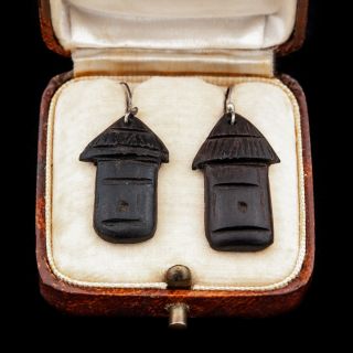 Antique Vintage Deco Mid Century Sterling Silver Carved Ebony Wood 1.  4 " Earrings