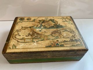 Vintage Old Hand Made Decorative Wooden Box With Historic Map,  Gabbanini Italy