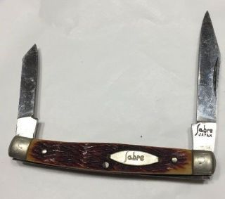 Vtg 50s Sabre Japan 2 1/2” Folding Pocket Knife 2 Blade Stainless Carved Horn Ca