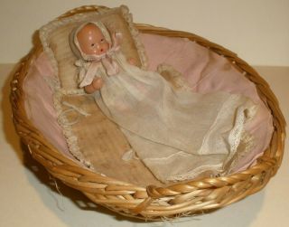 Vintage 1930s - 1940s Composition Baby Doll 3.  5 " Dollhouse Christening Dress 11