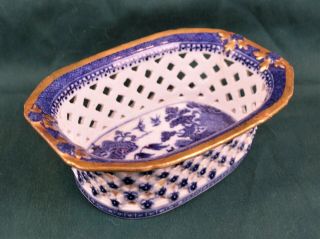 Antique 19th Century Willow Blue White Porcelain Reticulated Trinket Dish Gold