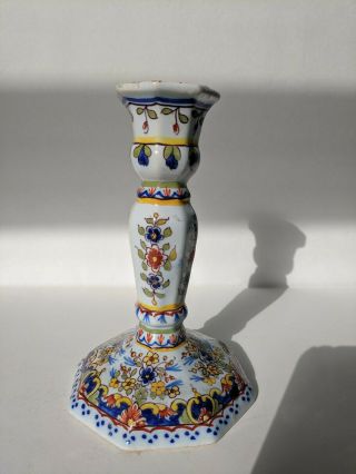 Antique French Faience Hand Painted Signed Taper Candlestick Holder 6.  6 " Tall