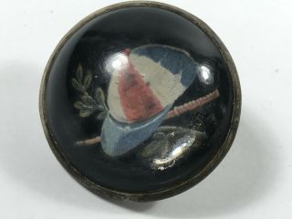Antique Handpainted Glass Jockey Horse Bridle Rosette Button