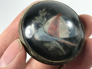 Antique Handpainted Glass Jockey Horse Bridle Rosette Button 5