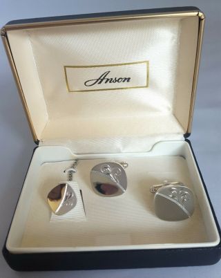 Vintage Anson Silver Tone Cufflinks Tie Tack Set Engraveable Formal Jewelry Dad