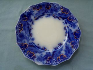 Antique W H Grindley Argyle Flow Blue Plate - 8 3/4 " Pat.  1897 Gold Trim