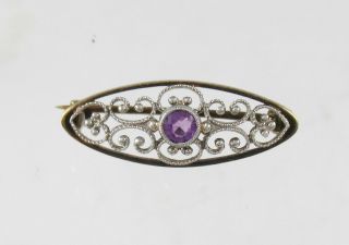 Antique Solid 14k Two Tone Gold Amethyst Brooch Pin White & Yellow Gold Ornate