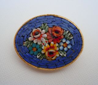 Gorgeous Blue Vintage Antique Micro Mosaic Brooch Pin - Italy
