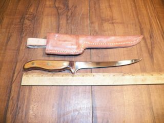 Vintage Handmade Wood Handle Fillet Knife W Leather Sheath