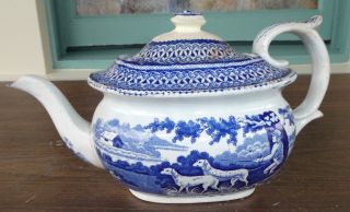 Antique English Staffordshire Pearl Ware Teapot Hunting Dogs Scene Country 1820 5