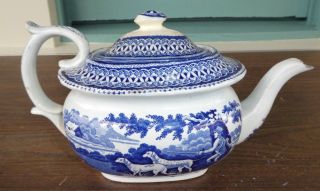 Antique English Staffordshire Pearl Ware Teapot Hunting Dogs Scene Country 1820 7