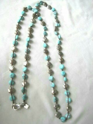Lucky Brand Hammered Antiqued Silver Tone & Faux Turquoise Blue Bead Necklace