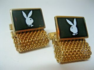Mens Vintage Black & White Playboy Bunny Logo Gold Tone Cufflinks W Mesh Wrap