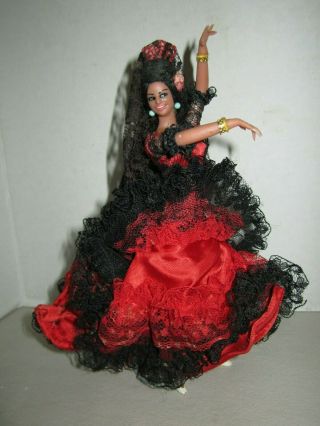 Vintage 7 " Marin Spanish Woman Flamenco Dancer Doll Lace With Pink Rose