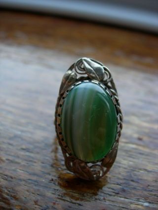 CHARLES & GLADYS MUMFORD RING ARTS AND CRAFTS SILVER BANDED AGATE ANTIQUE 7