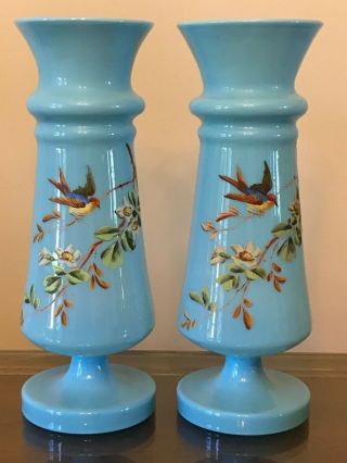 Vintage Pair 10 3/4 " Robin Egg Blue Bristol Glass Victorian Vases Bird & Flowers